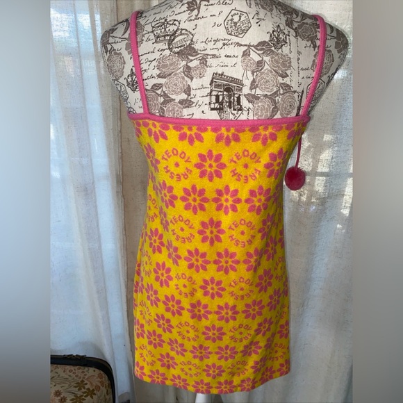 Teddy Fresh Dress Womens Large Yellow Pink Boho Retro Floral Terry Cloth New - Picture 5 of 10
